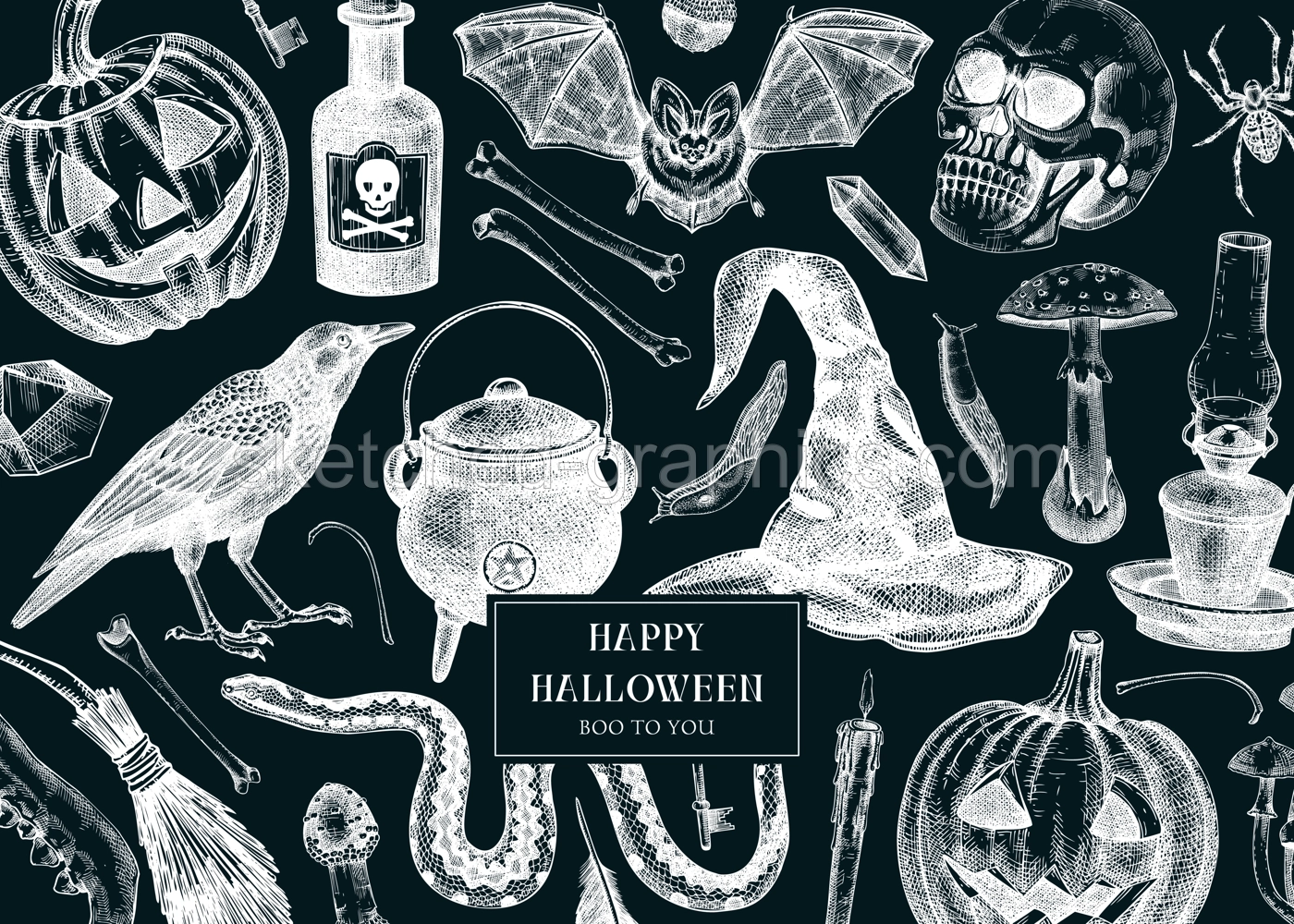Halloween background on chalkboard. Hand drawn vector illustration. Skulls, bones, pumpkin, poisonous mushrooms, snakes, witch hat sketches. Autumn holiday card. Vintage Halloween party invitation Illustration
